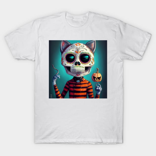 Halloween Sugar Skull Cat #2 T-Shirt by dozydonut